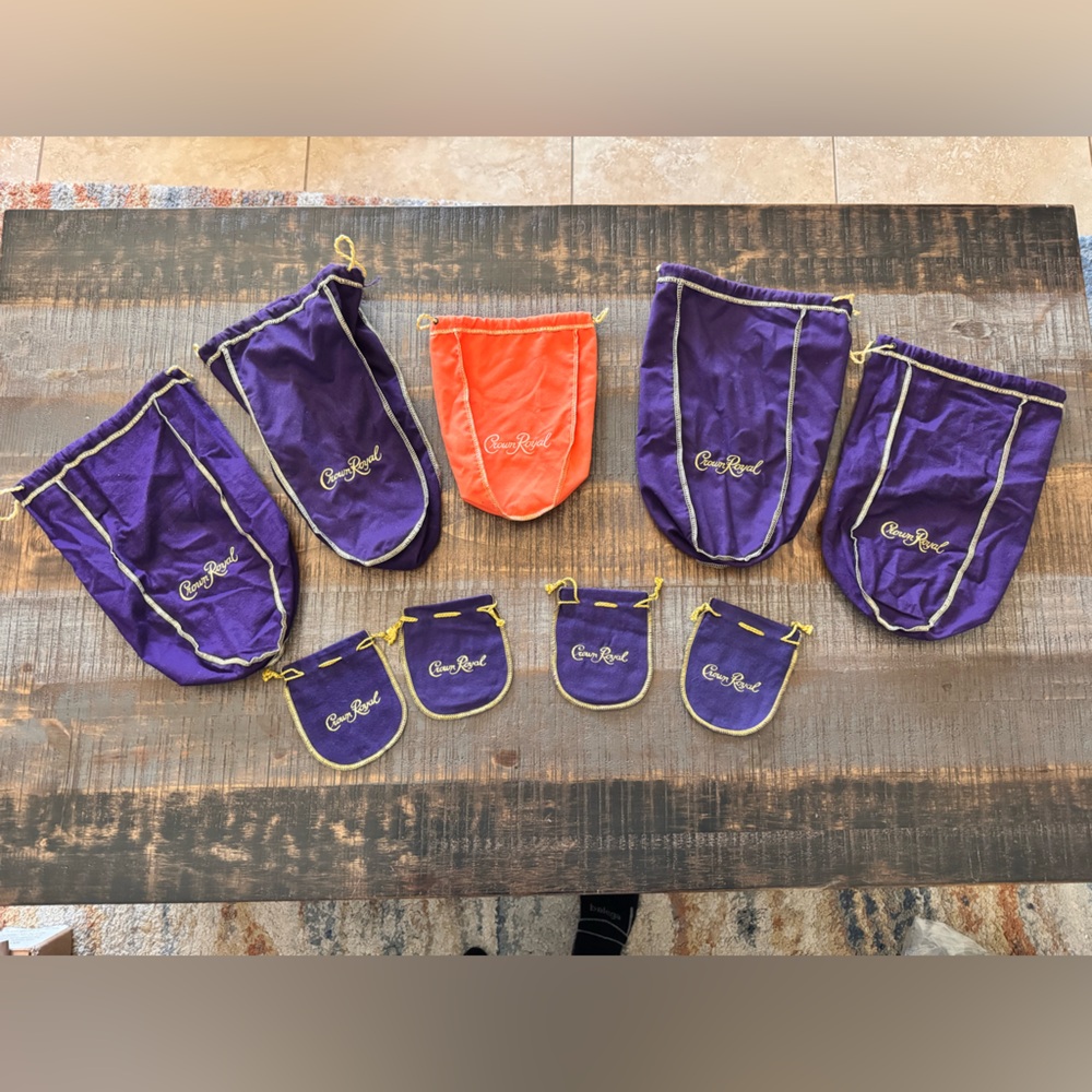 Lot of 9 Crown Royal Bags 4 Large Purple, One Medium Peach, 4 Small Purple